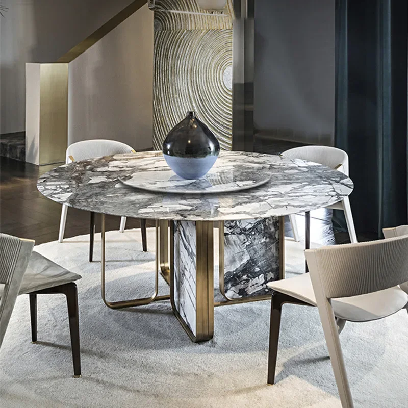

Natural marble dining table with turntable, circular Italian minimalist villa, high-end Hanjiang Snow Luxury Stone dining table