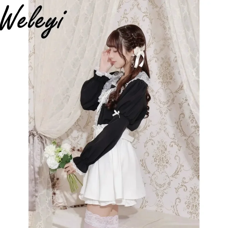 Jirai Kei Lolita Super Cute Shirt Womens Autumn Fashion Mine Series Mass Production Splicing Bow Lantern Sleeve Camisas E Blusas