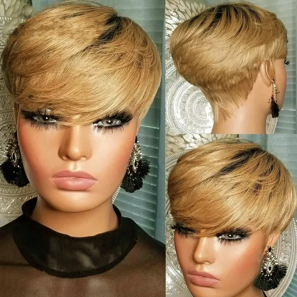 

Human Hair Wigs Ombre Color Short Straight Human Hair Wigs With Bangs Short Pixie Cut Hair Wigs For Women Full Machine Made Wig