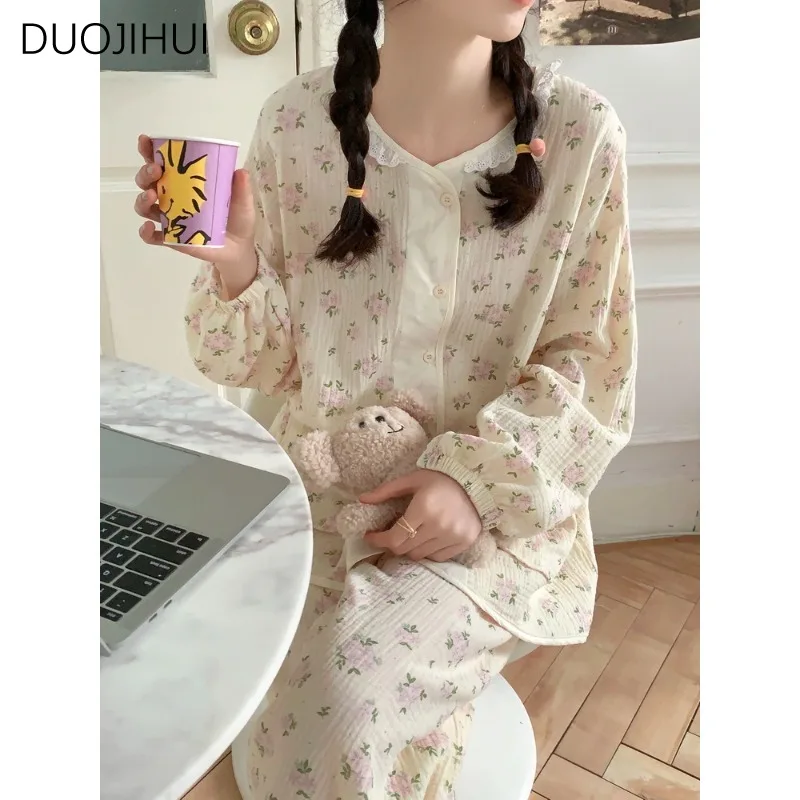 DUOJIIHUI New French Casual Women's Gauze Long Sleeved Pajama Set Summer Fashion Minimalist Women Single Breasted Home Clothing