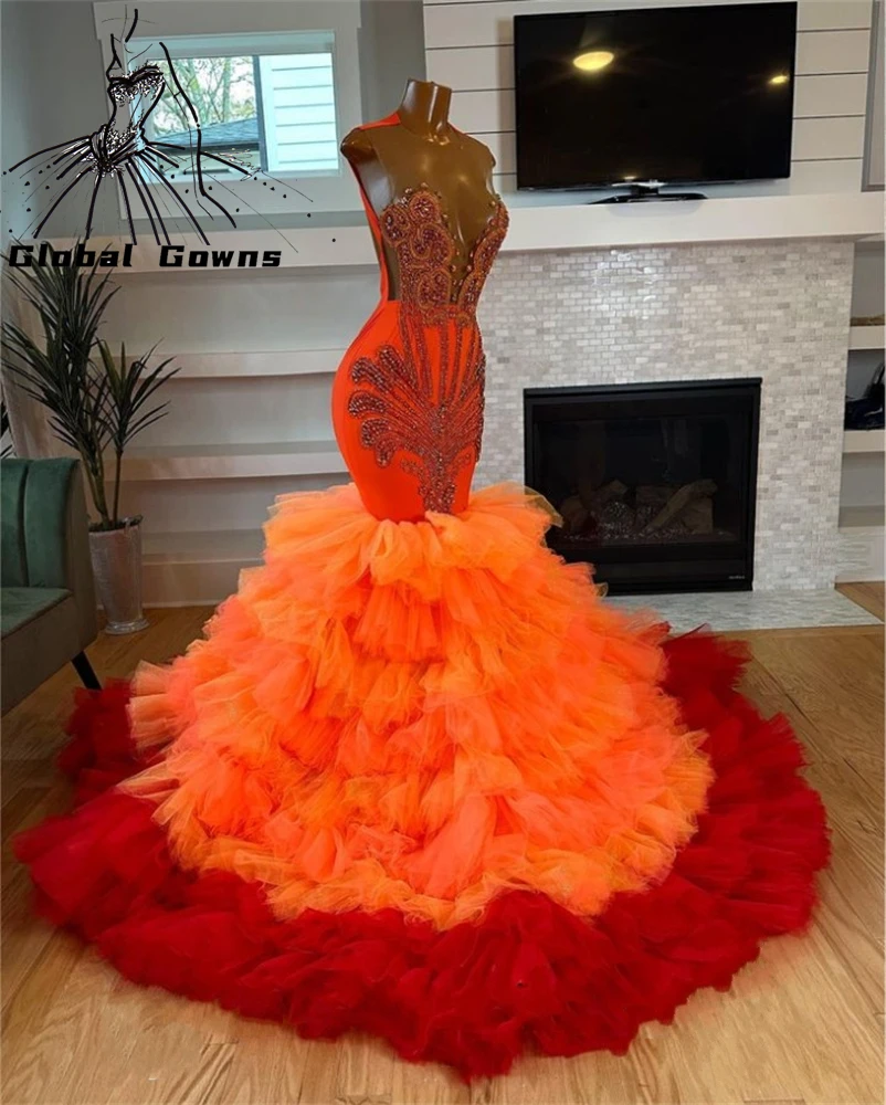 

Orange O Neck Evening Dress For Black Girls Birthday Party Dresses Beaded Crystal Ruffles Prom Gowns Tiered Mermaid Robe De Bal