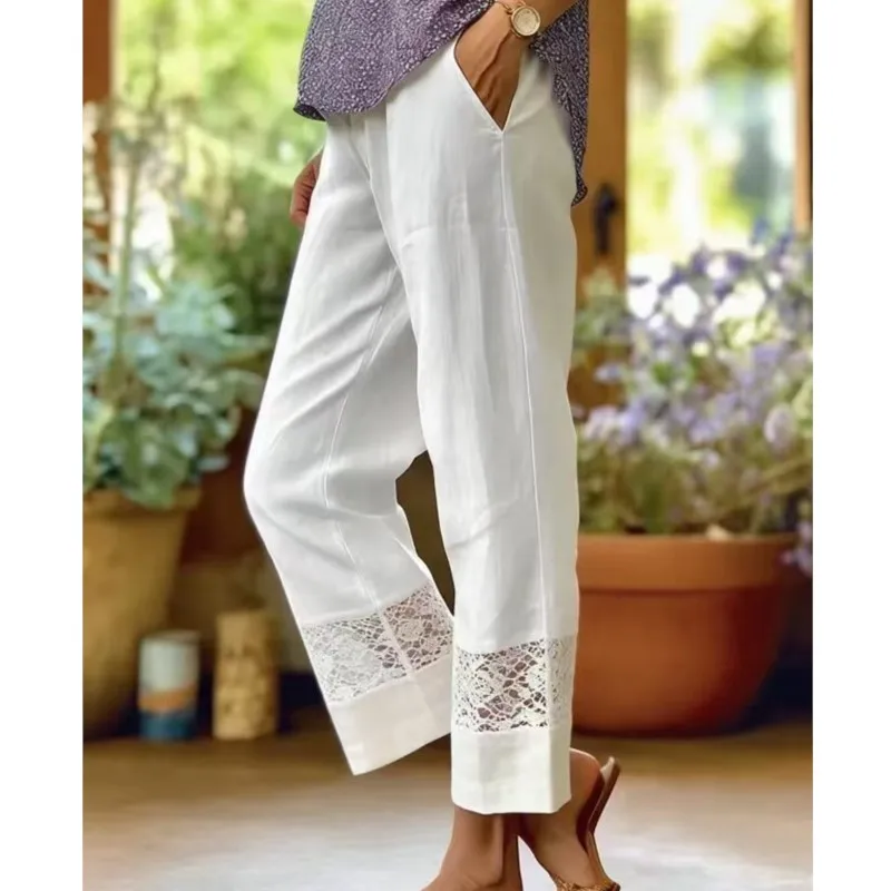 Simple Solid Women's Pants Summer Fashion Lace Patchwork Design Loose Straight Leg Pants With Pockets Ladies Casual Streetwear