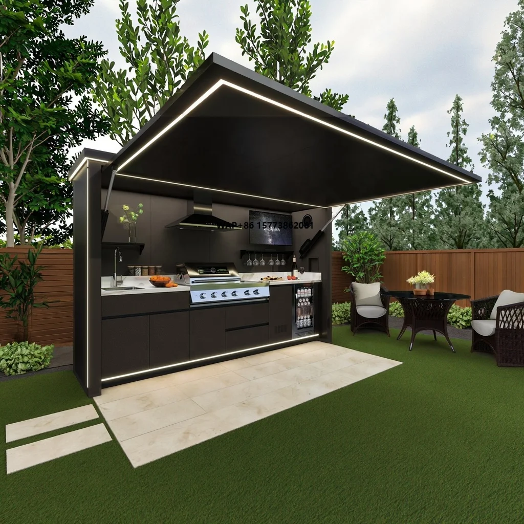 Modern Outdoor Kitchen BBQ Grill Cabinet with Sink Hinge Drawer Slide Faucet MDF Modular Design for Garden & Backyard