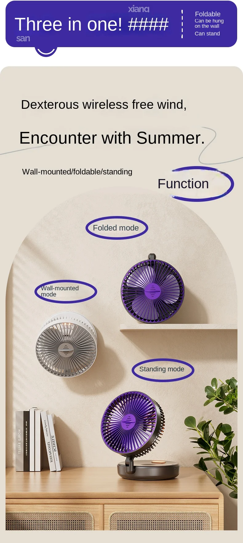 5000 mAh faltbarer, im Dunkeln leuchtender Ventilator zur Wandmontage, tragbarer, leiser Hochgeschwindigkeits-Luftzirkulationsventilator für Studenten, Büro-Schreibtischventilator – Detail 6
