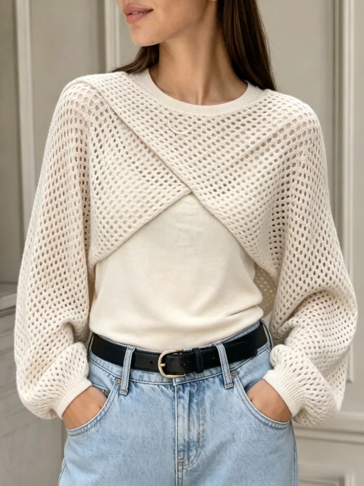 Women 2 Piece Knit Outfit Hollow Out Wrap Cropped Shrug Long Lantern Sleeve Sweater Solid Tank Top Casual Loose Streetwear