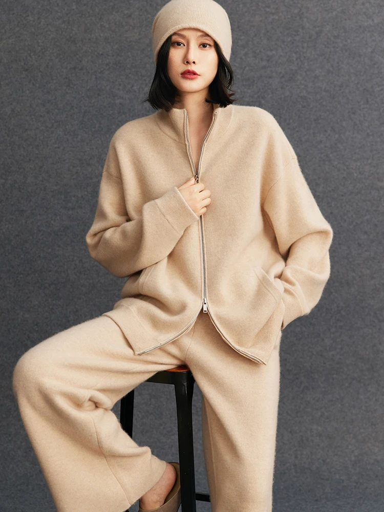 

TLOML New Women 100% Cashmere Mock Neck Zipper Cardigan Sweater Wide Leg Pants Suit Autumn Winter Casual Comfy Cashmere Sweater