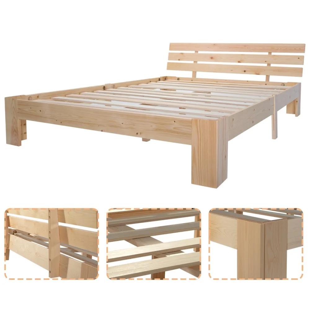 Holzbett, Doppelbett mit Kopfteil des Bettrahmens mit Schieferrost, 200 x 140 cm, Massivholz-Doppelbett, kann als Bett aus Kiefernholz verwendet werden – Detail 9