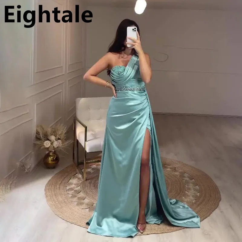 

Eightale Evening Dress Mermaid with High Slit One Shoulder Beading Satin Sweep Train Long Prom Gown Lady Pageant Dresses