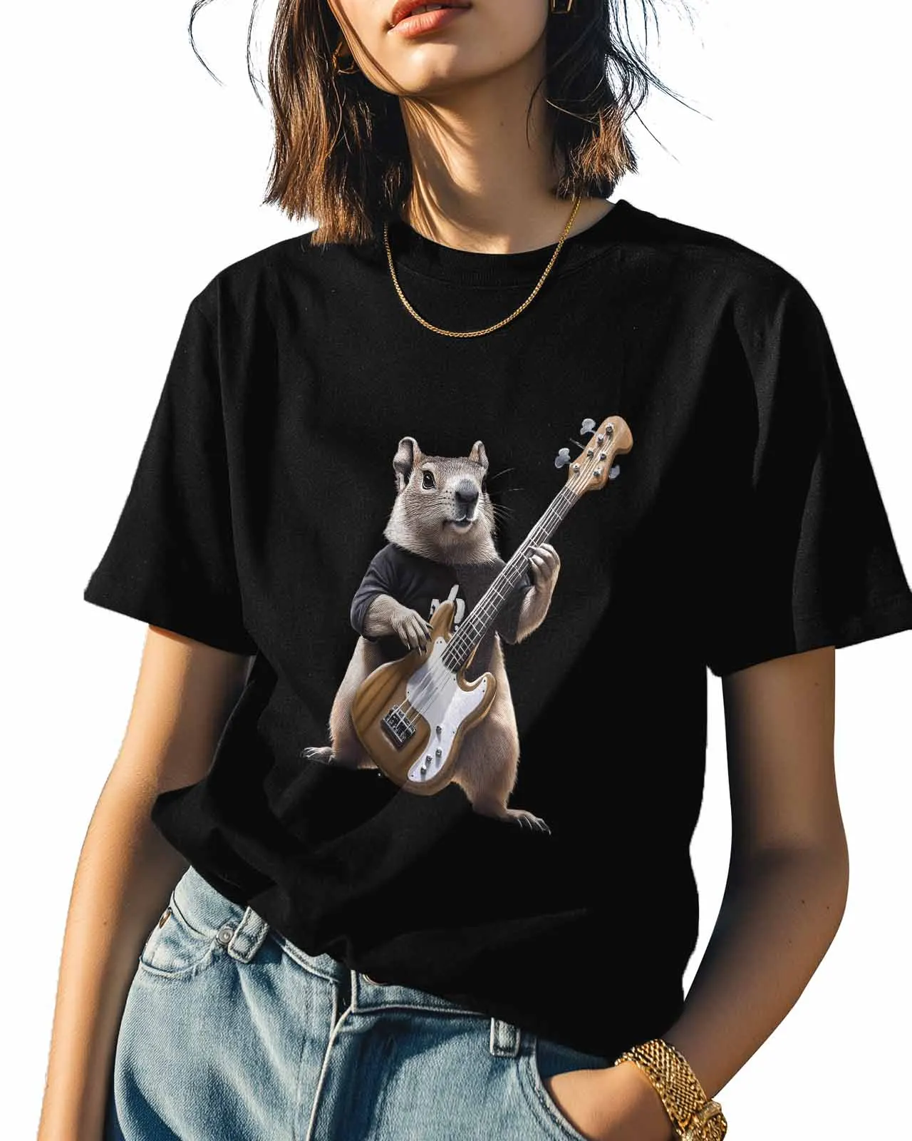 T Shirts for Women Groundhog Playing Bass Animal Funny Graphic Top Tees Crewneck Short Sleeve Casual T-Shirts