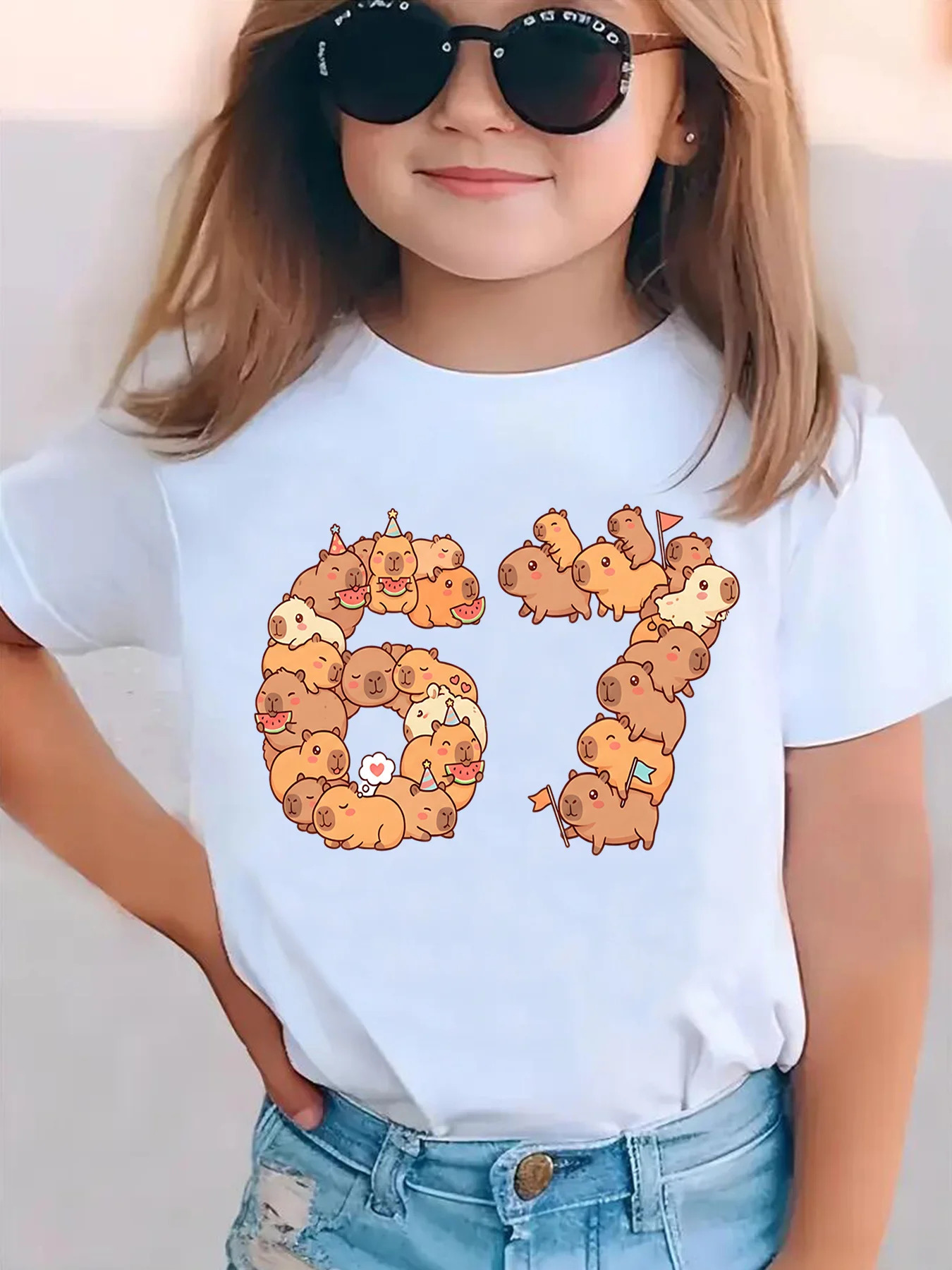Cute Number 67 Capybara Cartoon Print Graphic Kids Tee Boys Girls Family Matching Cotton Crew Neck Short Sleeve Soft Summer Tee
