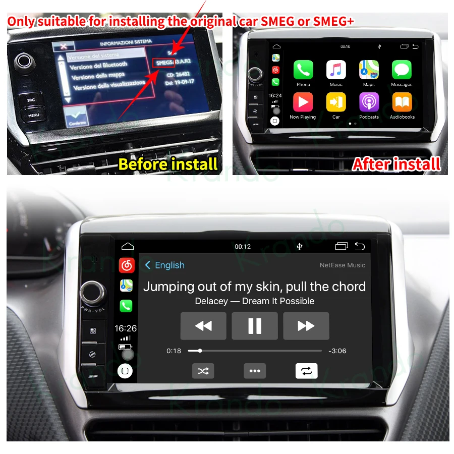 Krando Wireless CarPlay Interface Box For Peugeot C6 208 2008 308 3008 Boxter Citroen C3 C4 DS3 DS4 Jumpy BT Android Auto