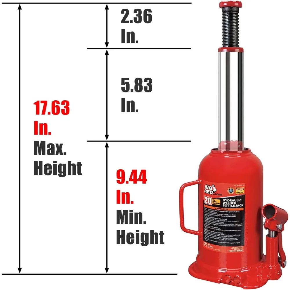 Hydraulic Welded Bottle Jack with 20 Ton Capacity, Red