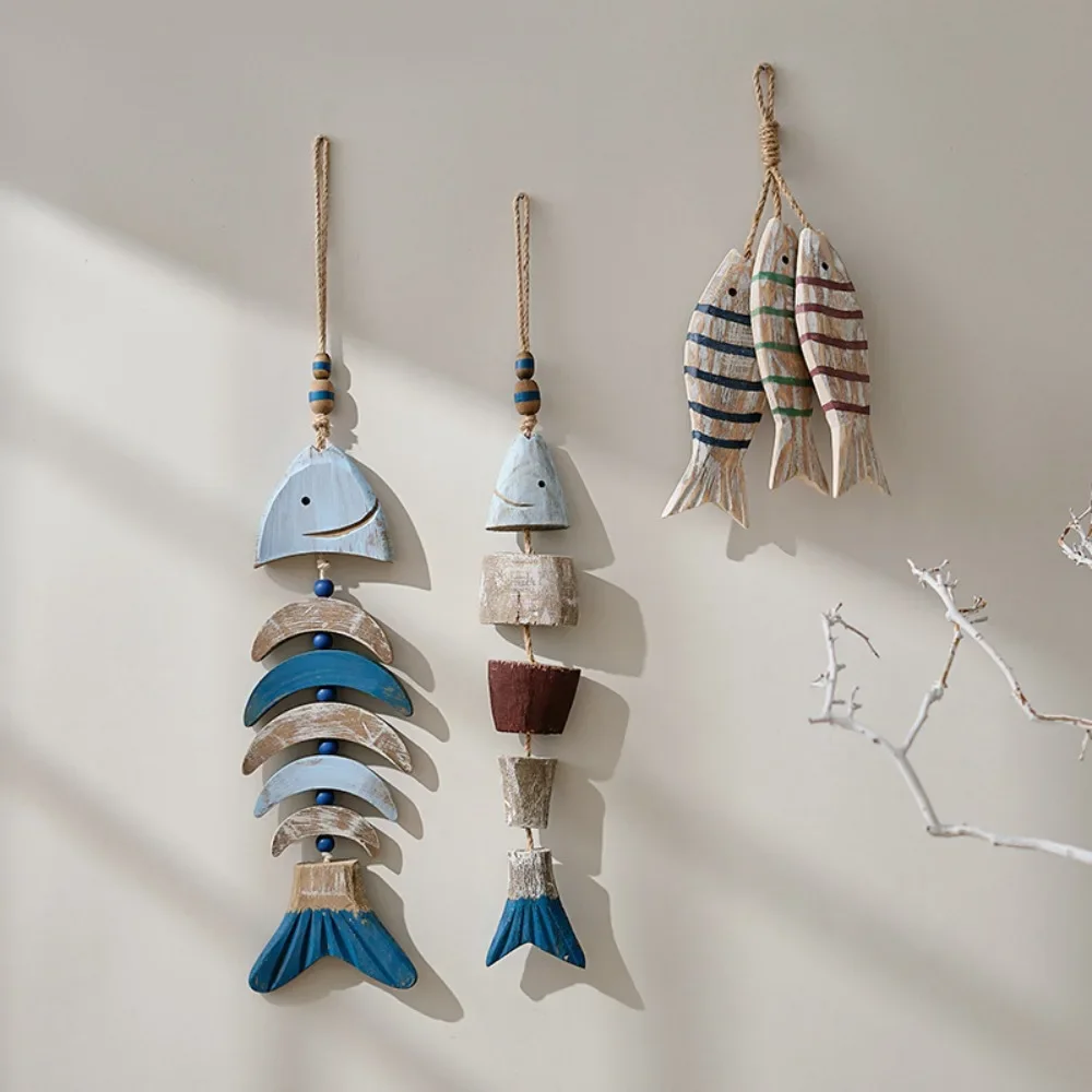 1Pcs Vintage Mediterranean Style Wooden Fish Skewers Pendant Nordic Homestay Wall Crafts Hanging Ornament Ocean Style Home Decor