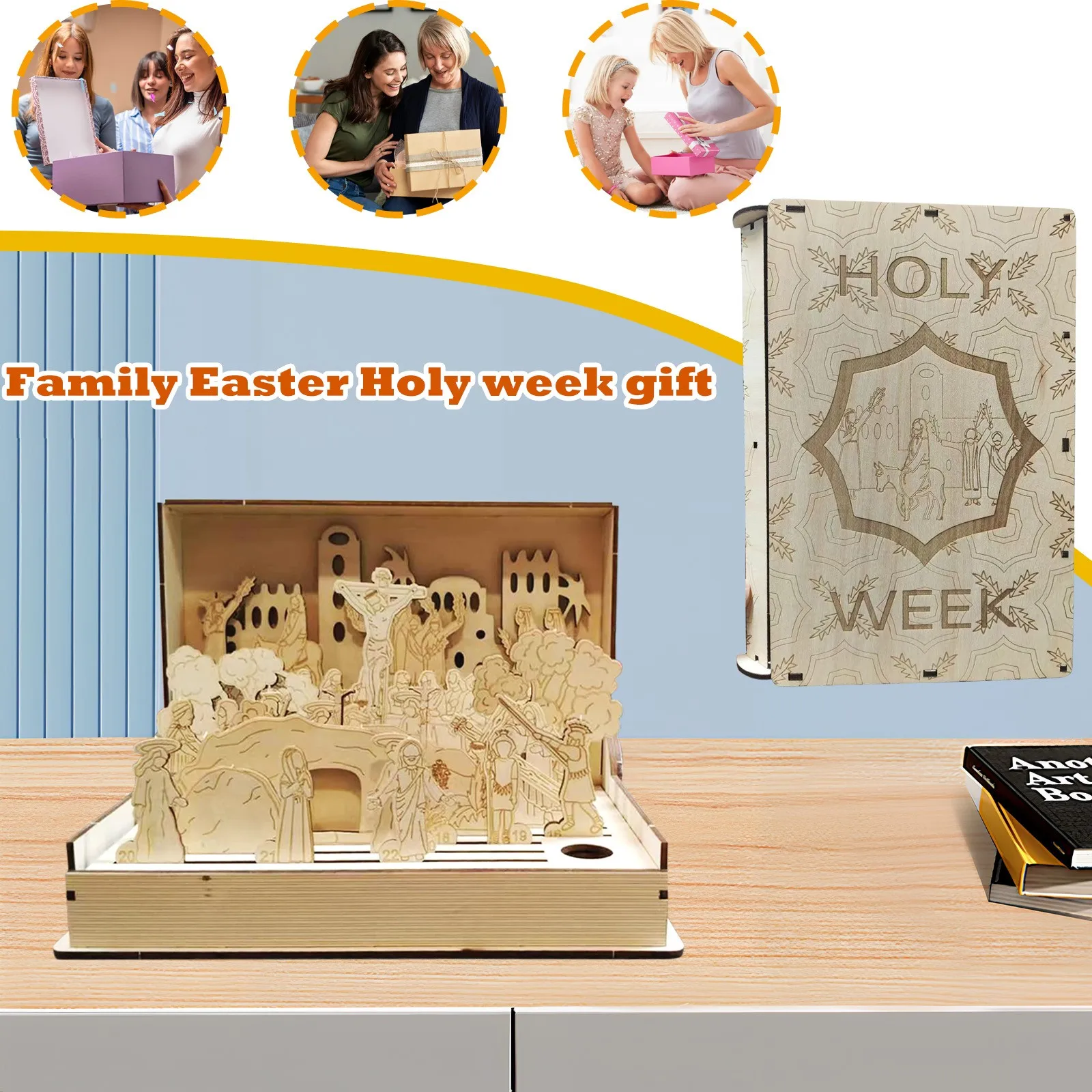عيد الفصح خشبية الأسبوع المقدس كتاب Playset هدية الأسبوع المقدس DIY بها بنفسك عيد الفصح القيامة المشهد ديكور اليدوية خمر عيد الفصح ديكور للمنزل #6