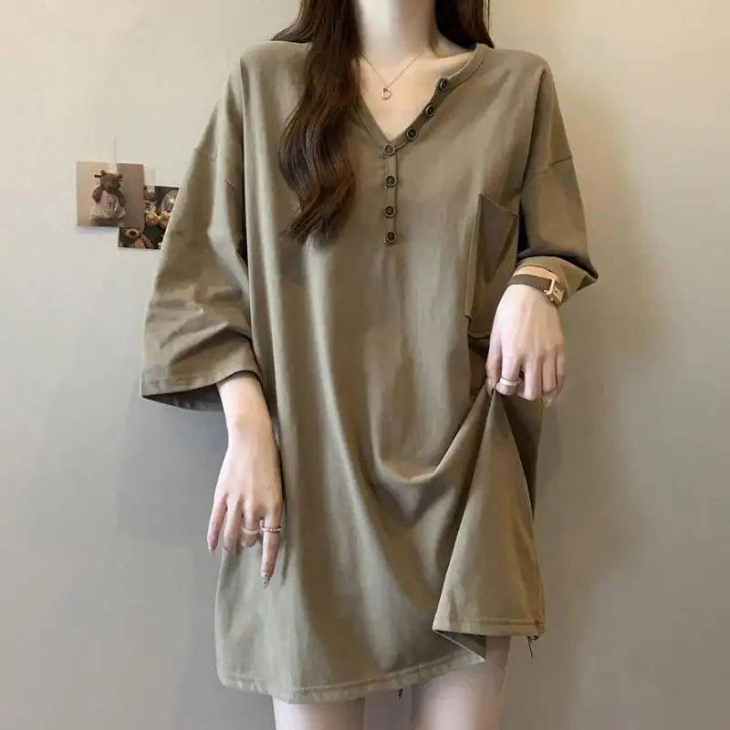 

V Neck Button Simplicity Lazy Style T Shirts Summer Short Sleeve Solid Loose Casual Tops Fashion Harajuku Trend Women Clothing