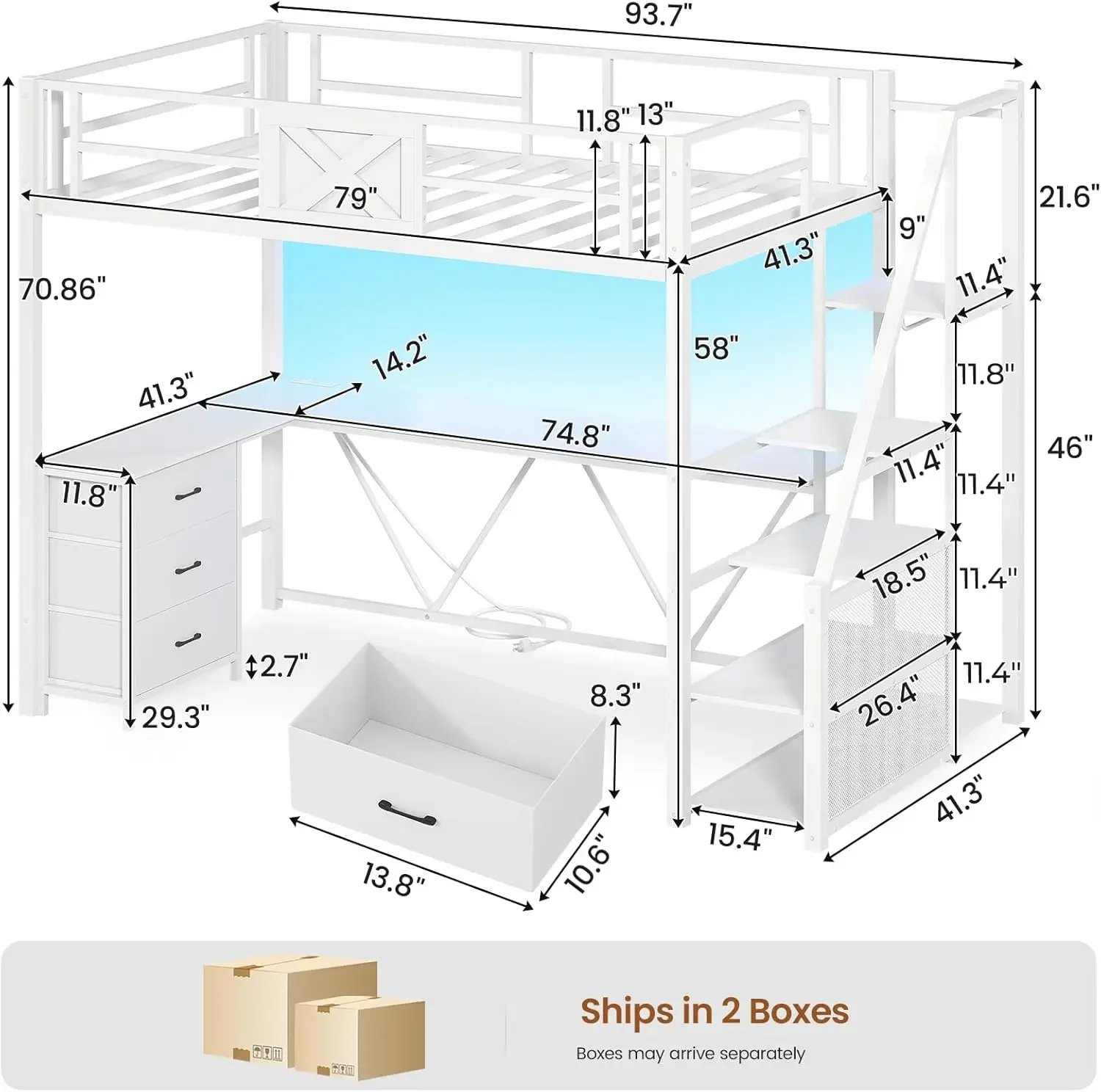 White Metal Loft Bed Stairway Desk Wardrobe Storage Drawers LED Charging Station