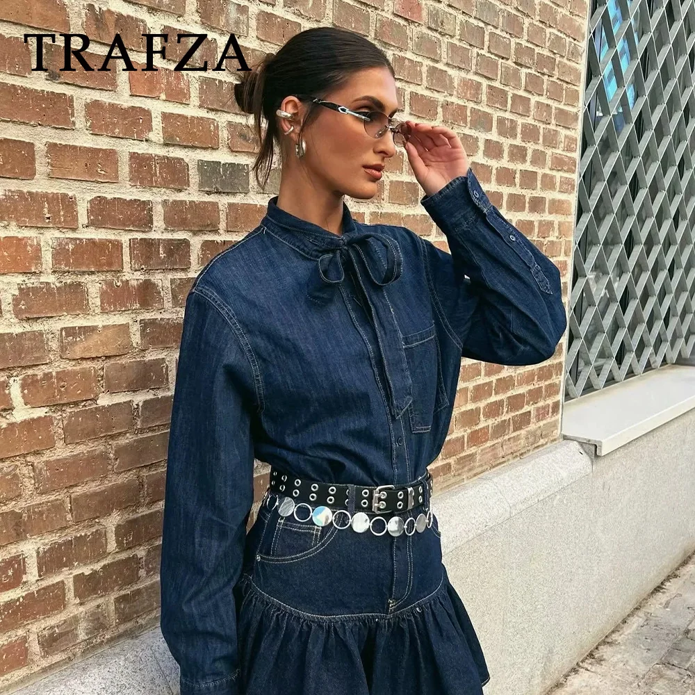 TRAFZA 2024 Autumn Winter Streetwear Women Denim Shirts Fashion BOWtie Single Breasted Elegant Casual Solid Ladies Denim Shirts