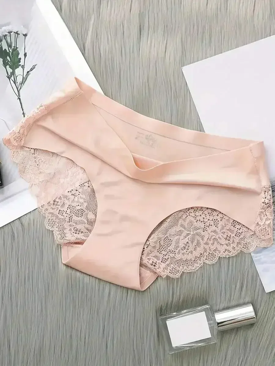 

5 Pcs Comfortable Solid Briefs With Lace Trim Womens Breathable Stretchy Panties