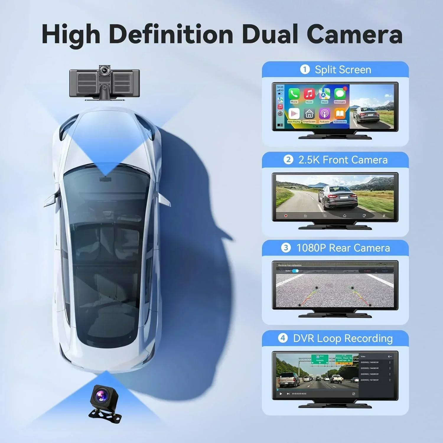 Portable 10.26'' Dash Cam Wireless CarPlay Android Auto Dashboard 4K Car DVR Dashboard Video Recorder Car Monitor GPS FM BT view 4