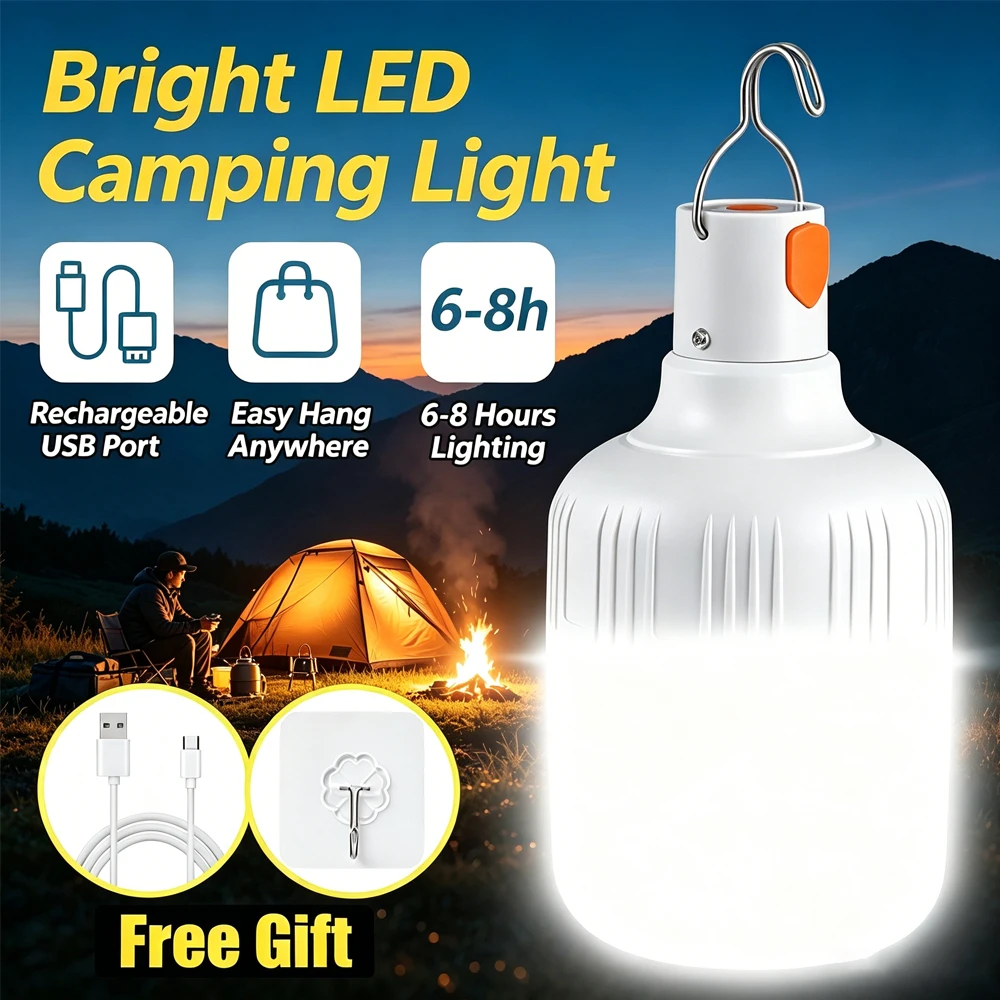 1PC Lâmpada LED Recarregável USB 60W para Camping com Gancho, Lanterna de Emergência Portátil para Barraca, Lâmpada para Acampamento ao Ar Livre e Feiras Noturnas