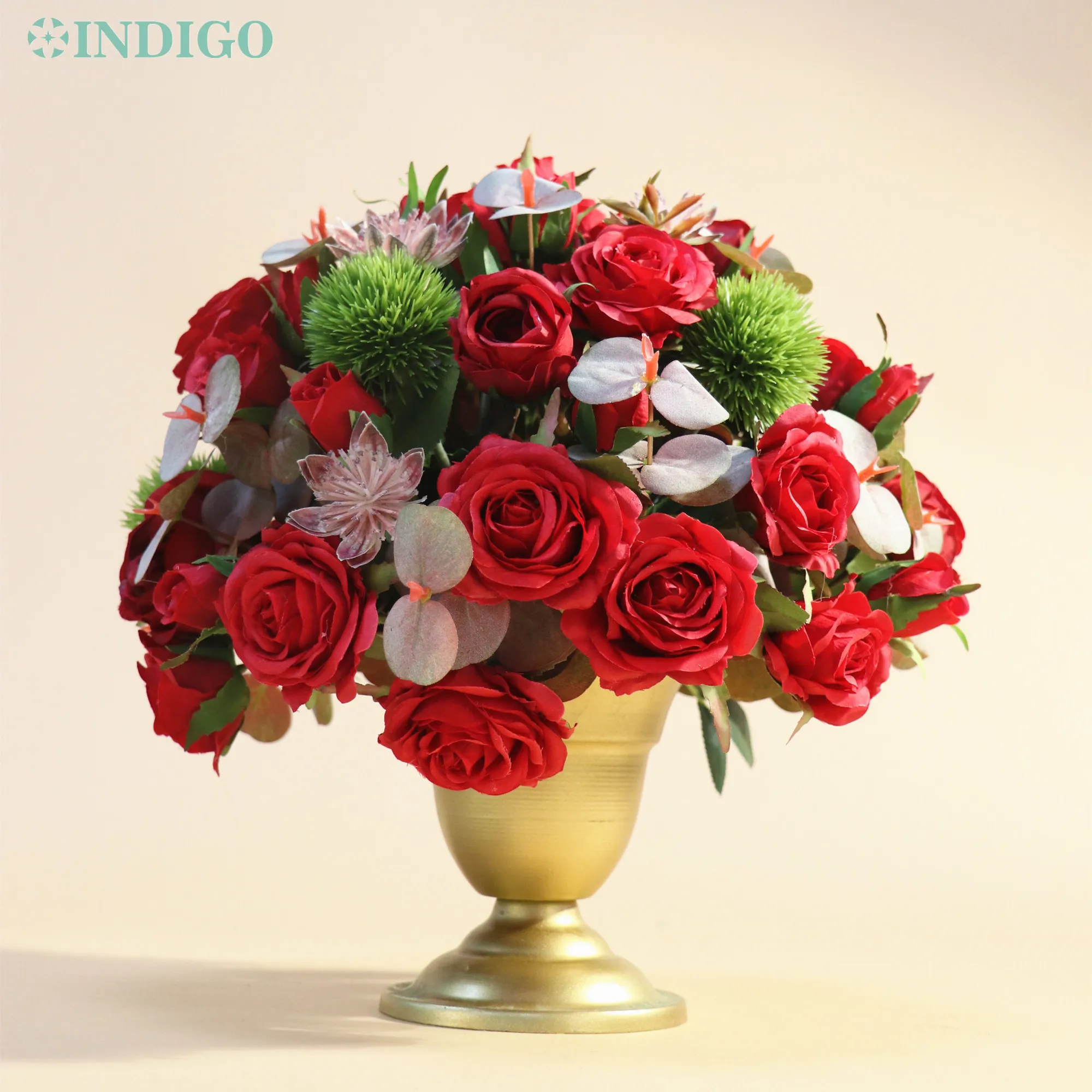 INDIGO-Artificial Red Rose  1 Set Bonsai with Metal Pot, Customized Table Decoration, Handmade Flower Arrangment