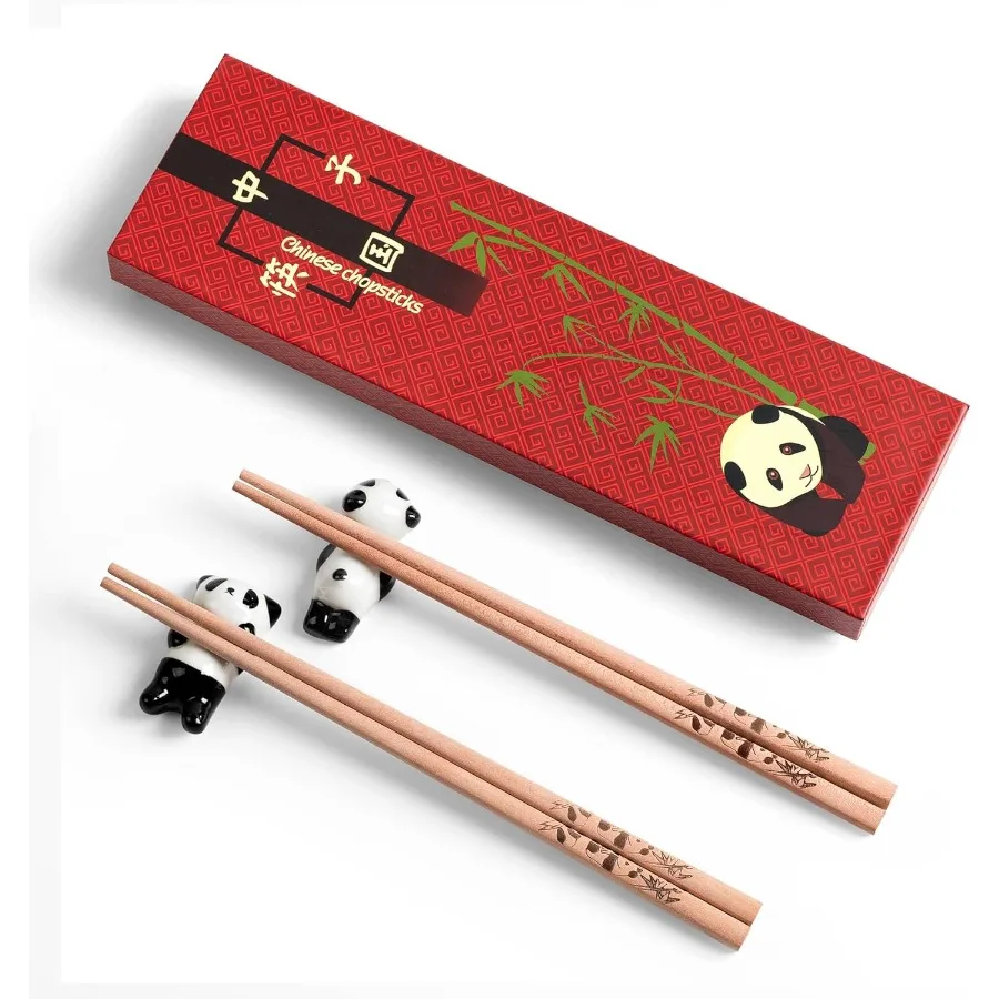 

2 пары многоразовых палочек для еды без покрытия, 9,2-дюймовые палочки для еды с гравировкой панды и держателями, деревянные палочки для еды для взрослых, подбородка