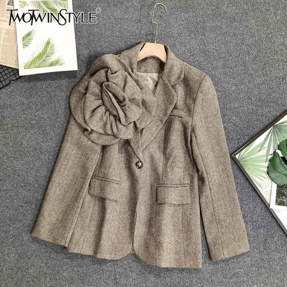 TWOTWINSTYLE French Style Vintage Blazers For Women V Neck Long Sleeve Spliced Appliques Chic Jacket Female Fashion KJA501420