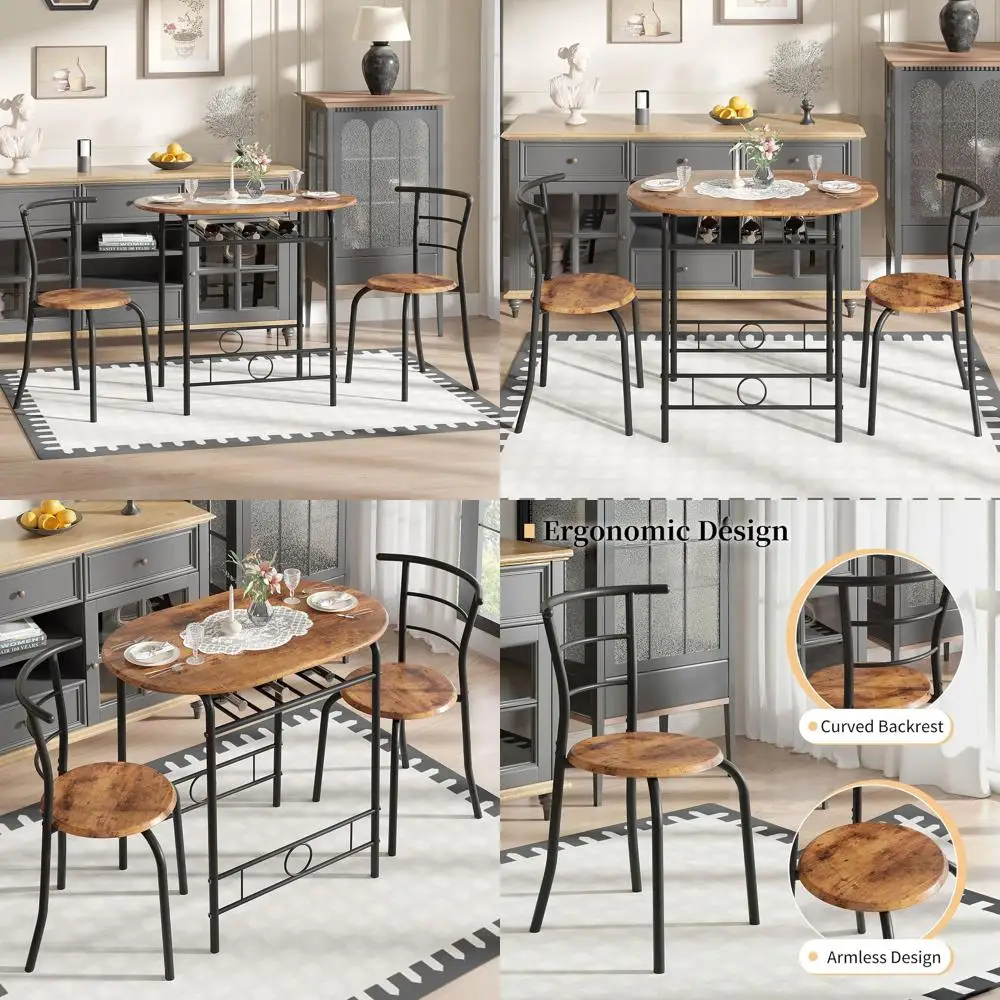 

Oval Wood-Grain Dining Set for Kitchen Nook, Metal Frame with Wine Rack, Antique Brown & Black, Ideal for Small Spaces