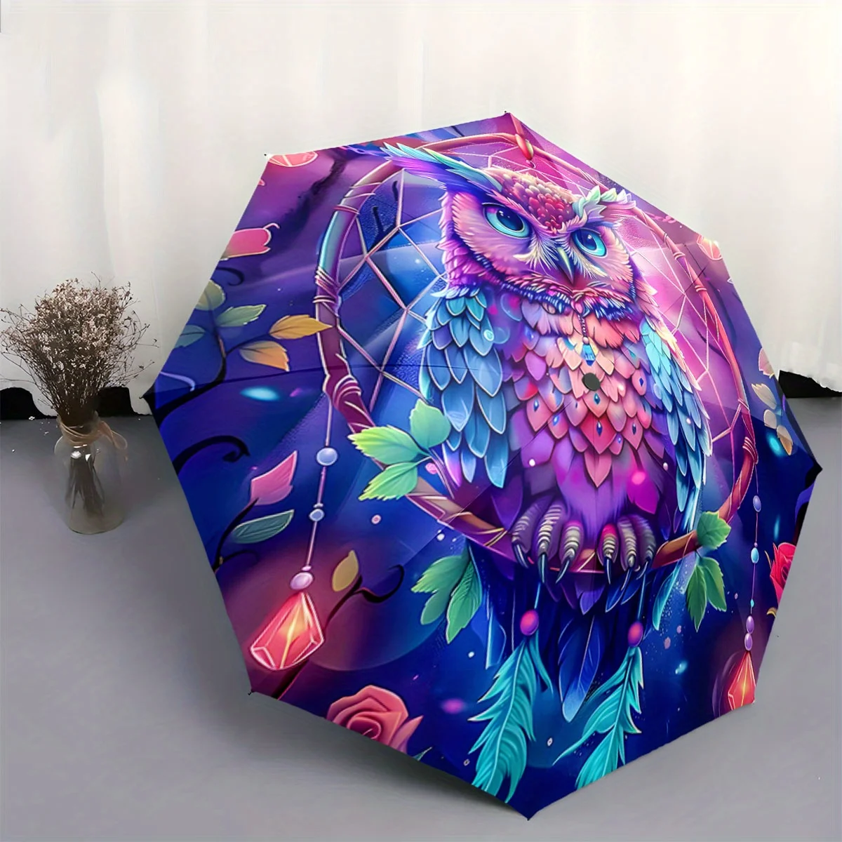 

Automatic Folding Umbrella with Vibrant Owl Design - Portable Collapsible 8-Rib Umbrella for All Seasons, Perfect Gift for Chr