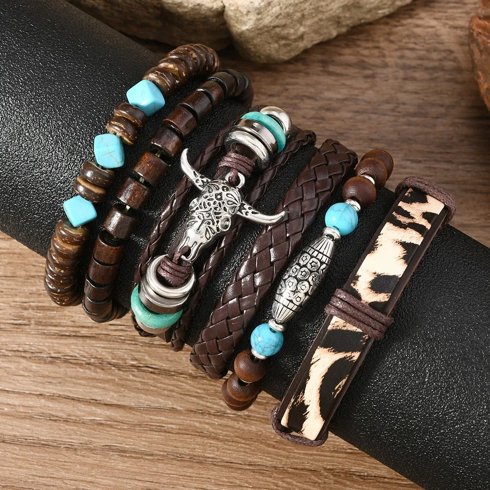 Wholesale Men's New Retro Jewelry DIY 6pcs Wood Beads Bull Head Eye Multi-layer Leather Woven Bracelet set