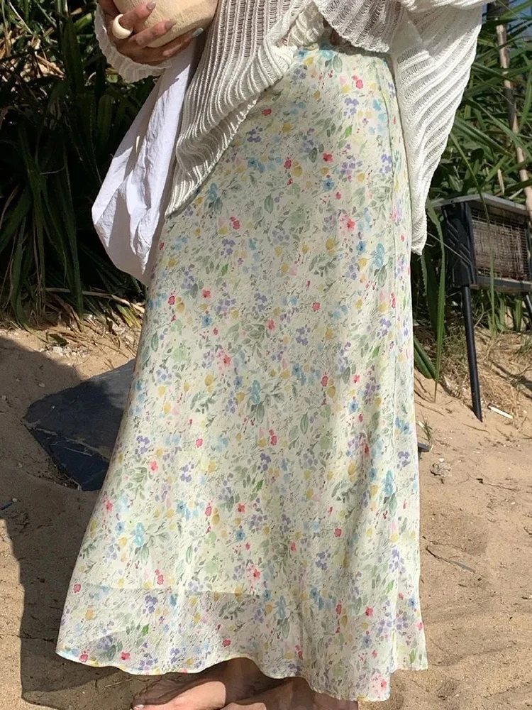 Beach Chiffon Floral Long Skirt Women Loose Fashion Elegant Sweet Skirts Casual Summer High Waist Female Ocean Holiday Skirt New