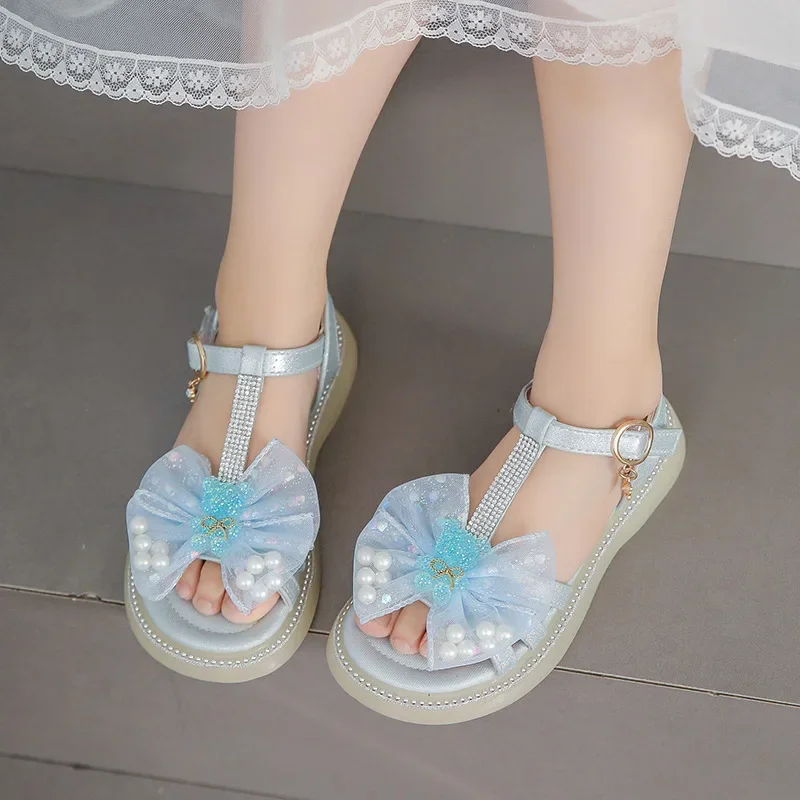 Girls Princess Bow-knot Sandals with Bear Kids T-strap Crystal Shoes Fashion Children Pearls Mary Jane Shoe for Party Wedding