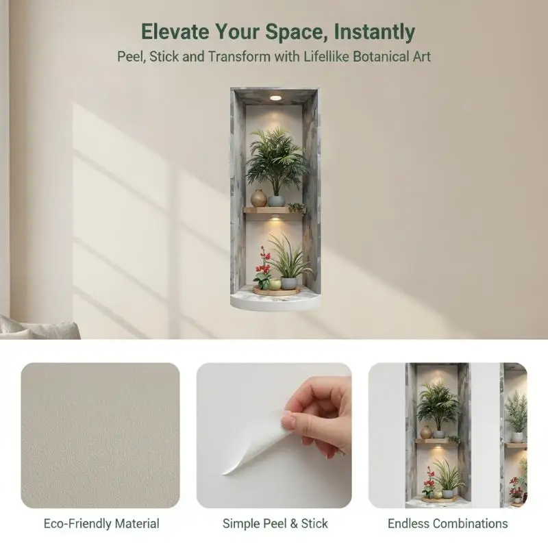 2D Recessed Niche Wall Decals Plant Light Effect Self-Adhesive Waterproof No Residue Decor for Bedroom Nursery