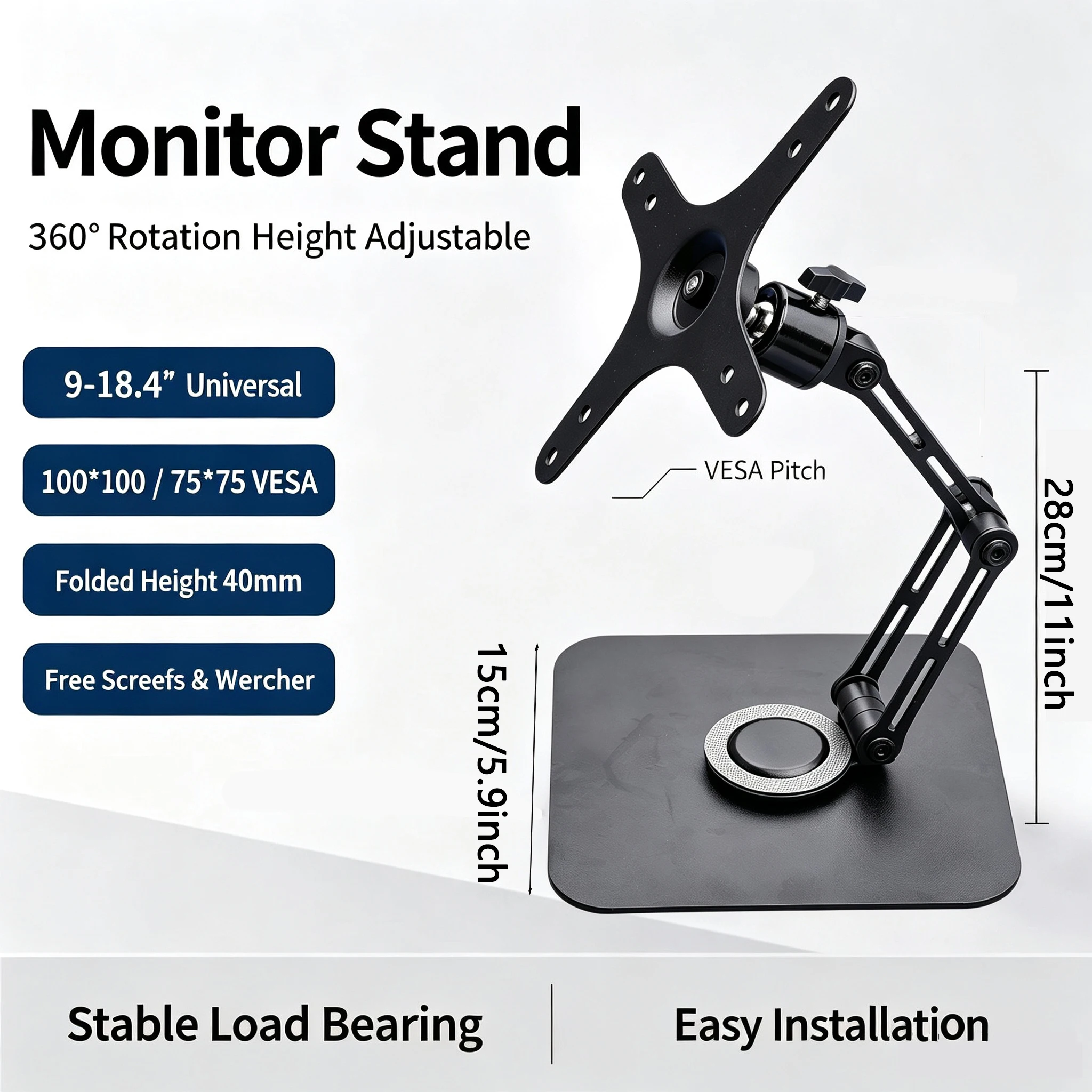 Faltbarer Monitorarm, tragbarer Monitorständer mit 360°-Drehung, Tablet-Halterung, Gelenkarm für Displays, Monitorzubehör – Detail 5