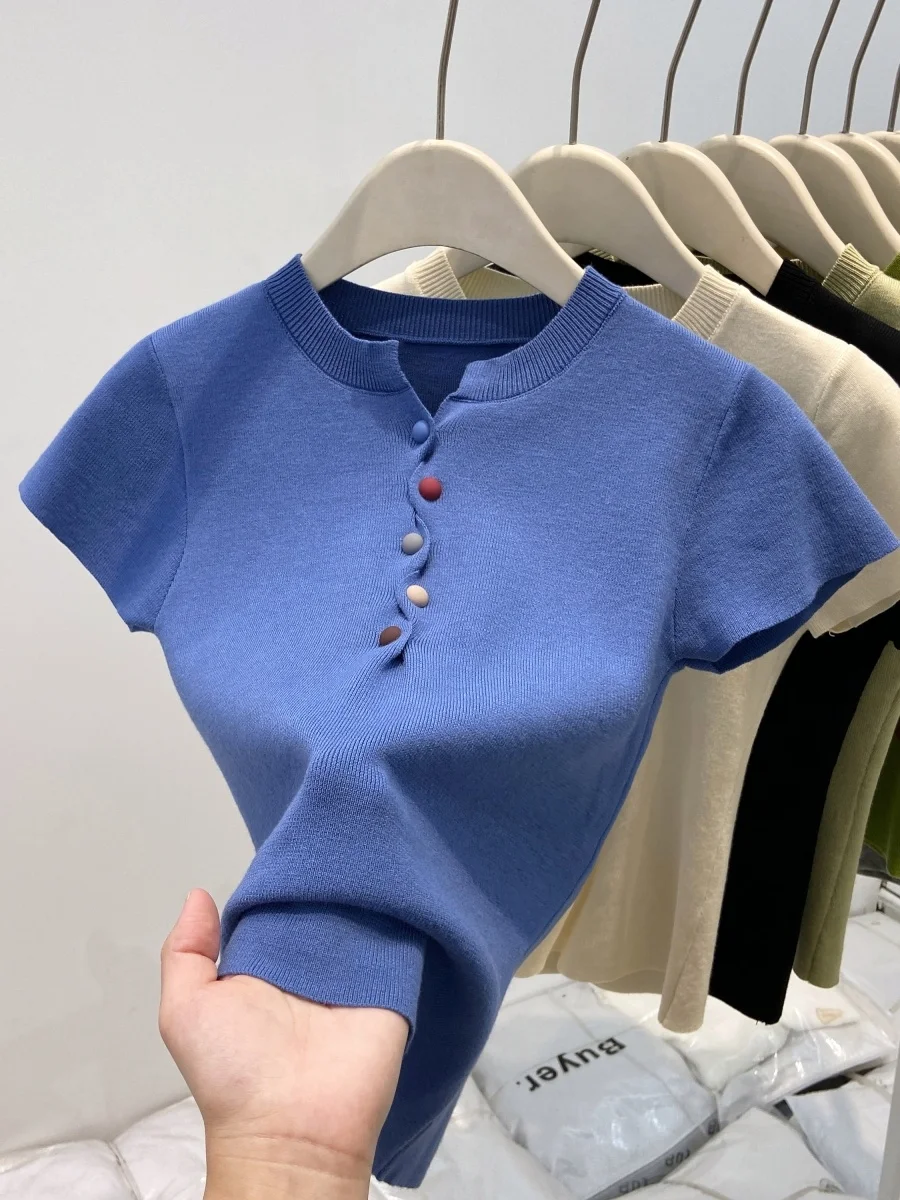 Dopne Coloured Button ort Sve Gebreid T-shirt Dames Slim Fit Zomertop Klein Blauw Faion Koreaanse Sle Pendelen