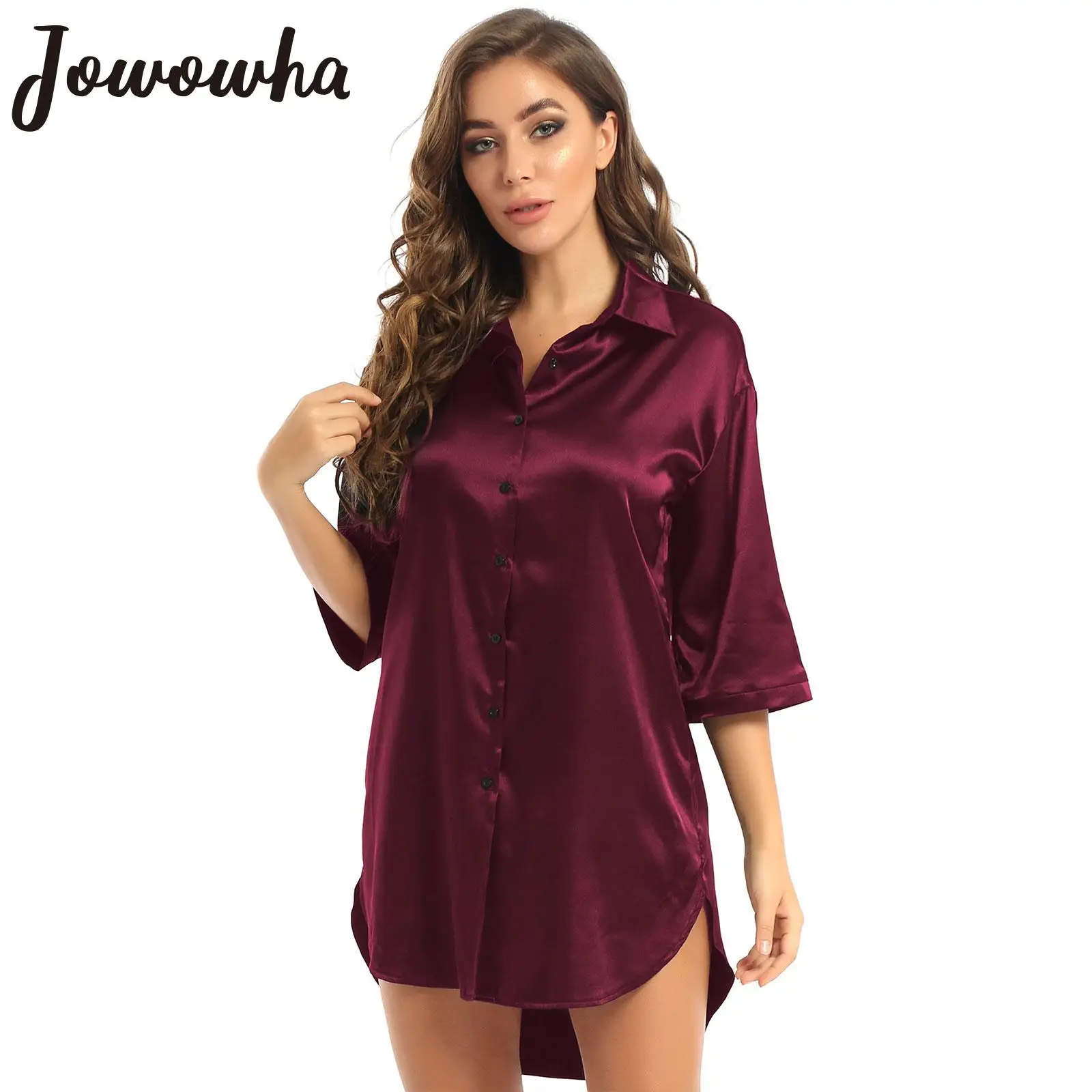 

Womens Satin 3/4 Sleeve Sleep Tops Underwear Solid Color Nightshirt Sleepshirt Nightdress Sleepwear Female Ladies Pyjamas