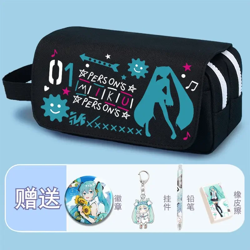 Kawaii Hatsune Miku Pencil Case Anime Cartoon Cute Multi-layered Pencil Case Large Capacity Gift Badge Pendant Storage Bag New