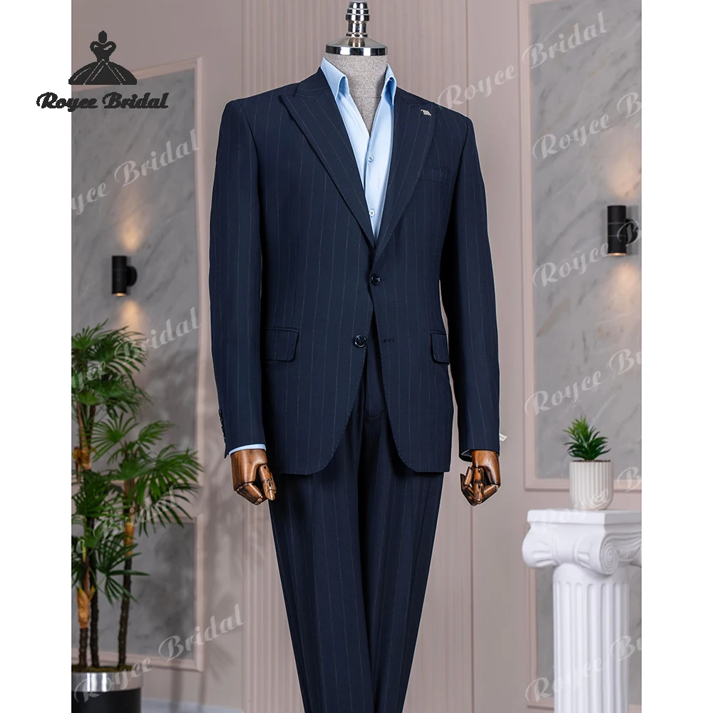 Abito da uomo in due pezzi con risvolto a punta a righe blu navy Matrimonio 2026 Abito da ballo da sera monopetto personalizzato trajes para hombre