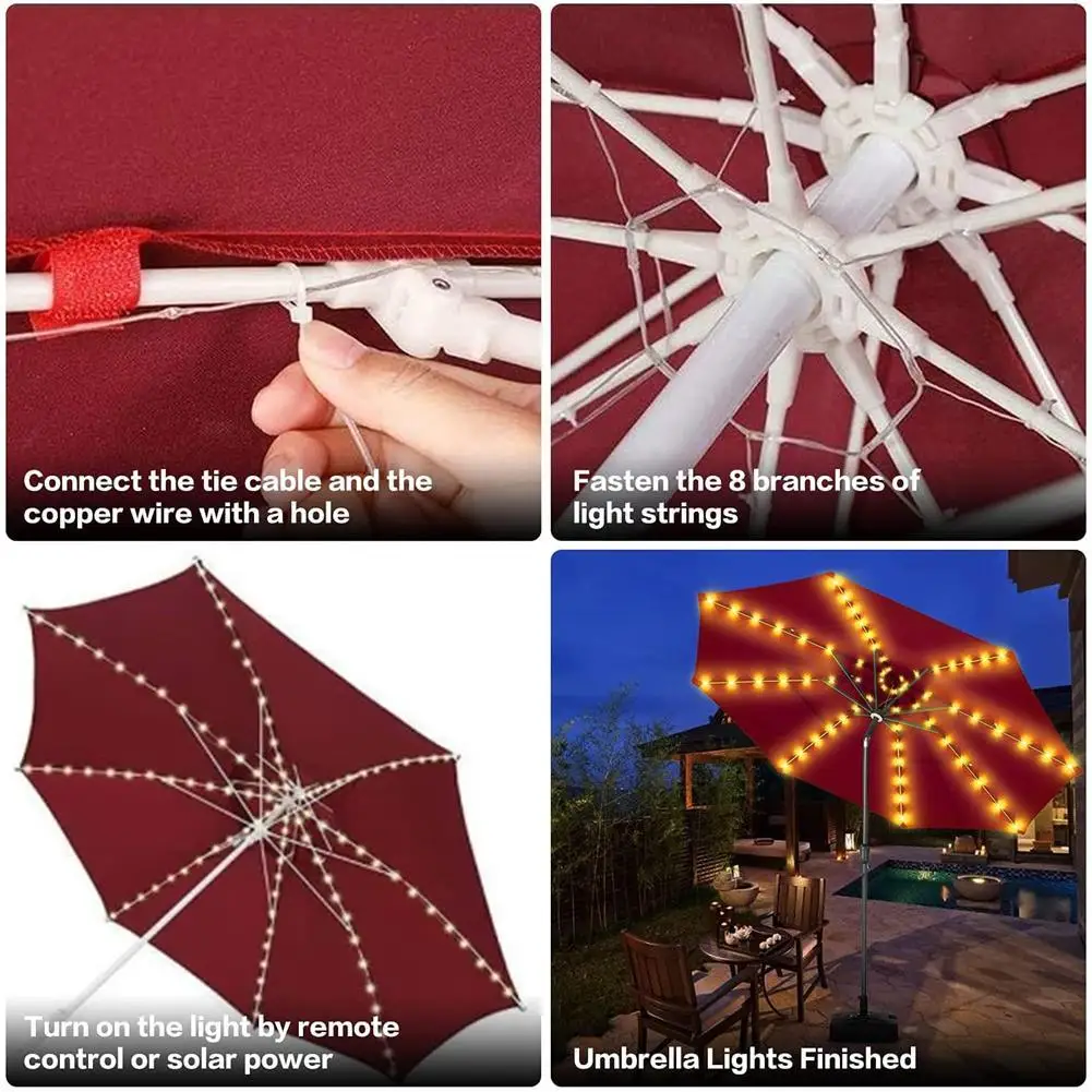 Guirxiété Lumineuse pour Parapluies d'Extérieur, 104 LED, Étanche, Couleurs, avec Télécommande, pour Ombre, Décoration de Jardin et de Plage