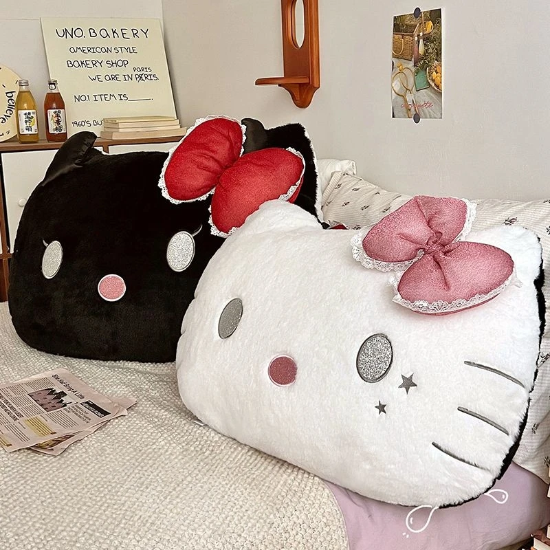 Bonito olá kitty travesseiro de pelúcia kawaii dupla face preto e branco kt gato dos desenhos animados almofada sofá cama presente macio para fãs decoração casa
