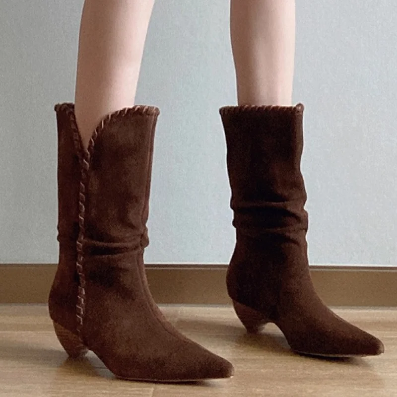 

Designer Women's Boots Pointed Toe Heeled Mid Calf Shoes 2025 Winter Chelsea Boots New Pumps Walking Gothic Fashion Mujer Botas