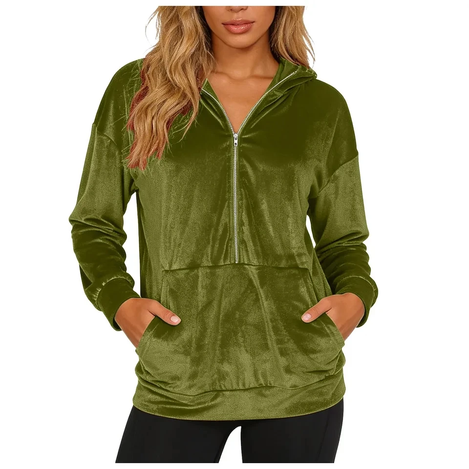 

Women's Fashion Velvet Hoodies Casual Long Sleeve Half Zipper Hooded Sweatshirt Trendy Solid Color Hoodie with Pocket Sudaderas