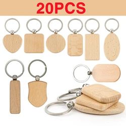 10Pcs 9 Styles Mixed Blank Wooden Keychain Rectangular Round Heart Shape Wood Key Chain Key Ring