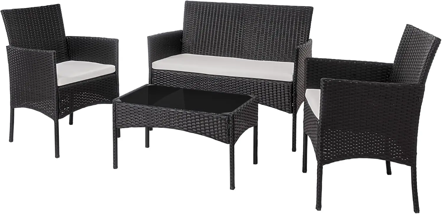 4 Piece Outdoor Patio Furniture Sets,Small Wicker Patio Conversation Furniture Rattan Chair Set with Tempered Glass Coffee Table