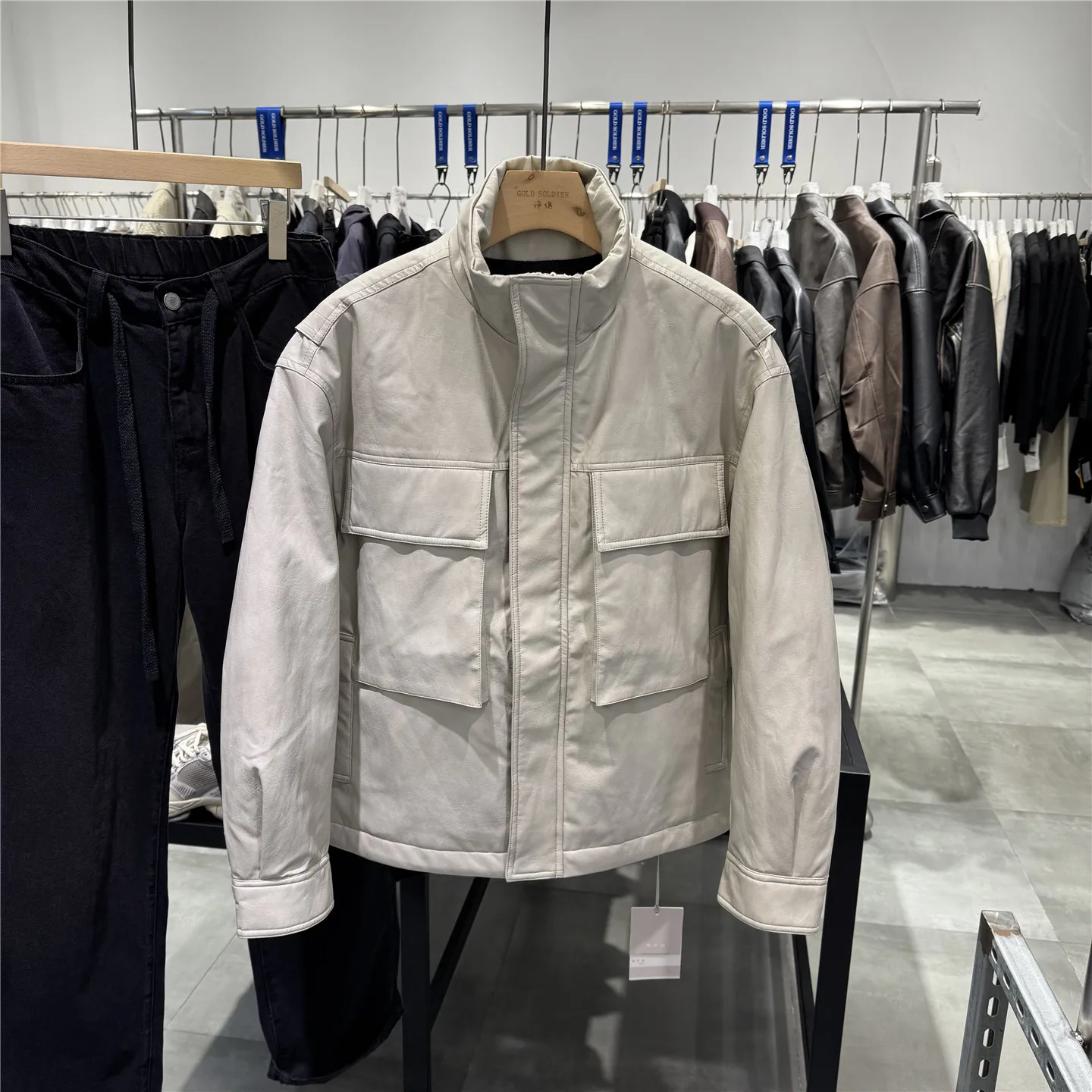 الرجال الدفء بو الجلود Jaet أسفل معطف الوقوف طوق دراجة نارية Sle الشتاء Thiened Faionable Cleanfit سستة إغلاق #1