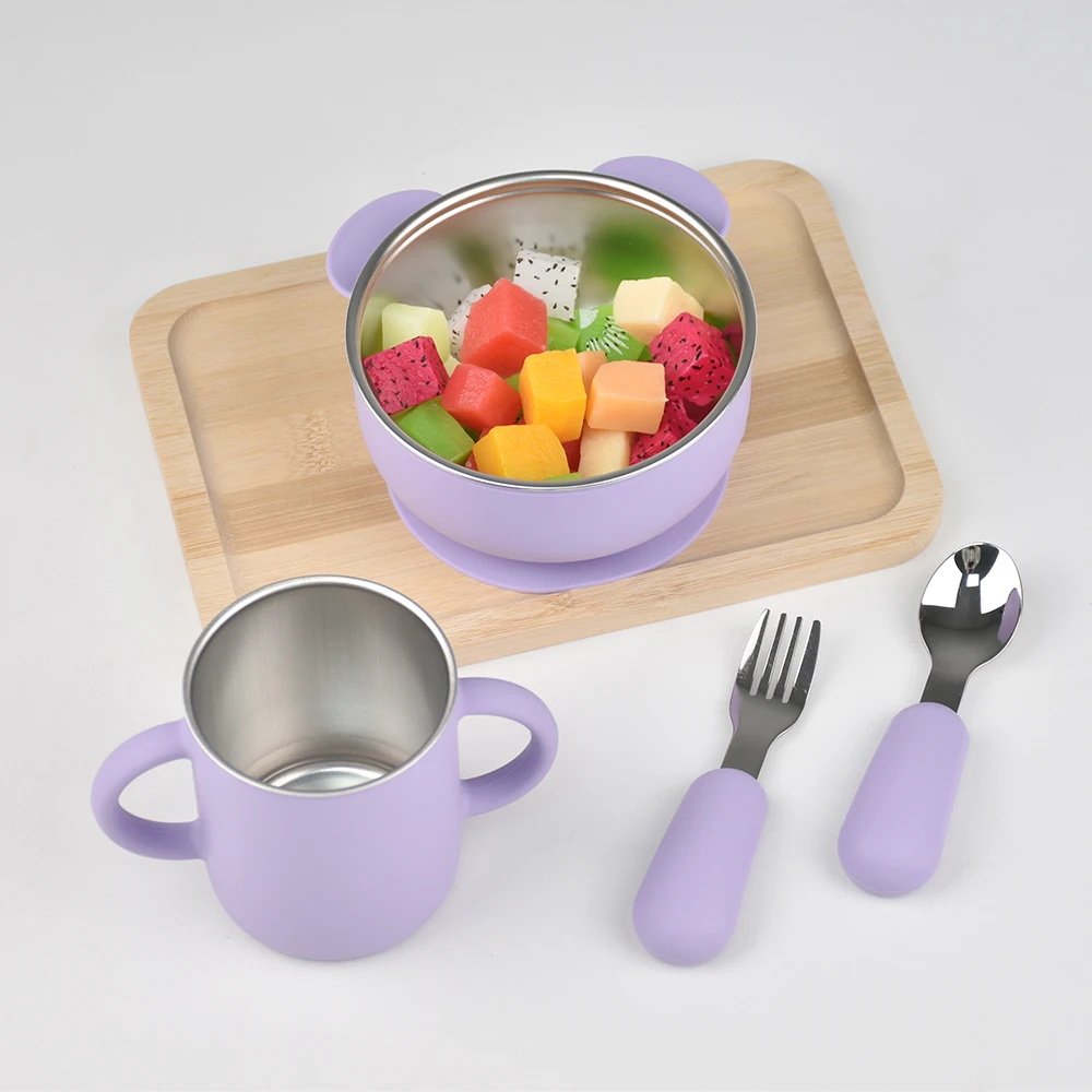 

4-Piece Baby Toddler Feeding Set - Silicone Suction Bowl & Cup with Stainless Steel Liner, Baby Fork & Spoon with Silicone Hand