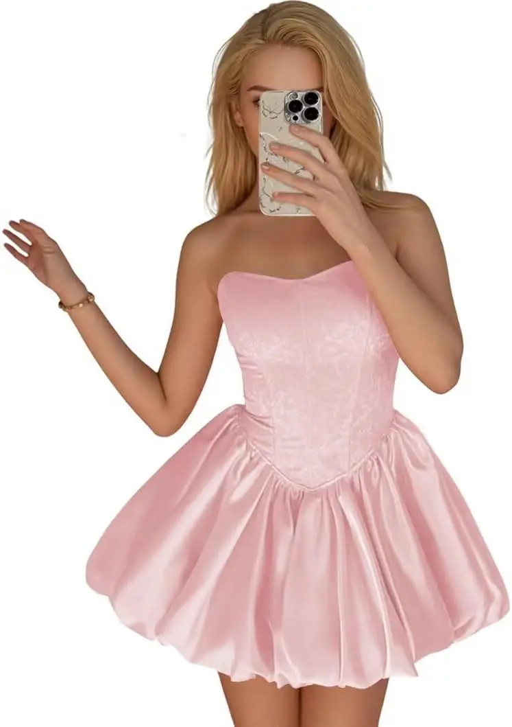 

Strapless Satin Homecoming Dresses for Teens Jacquard Corset A-Line Short Prom Cocktail Party Gown with Pockets Graduation Dress