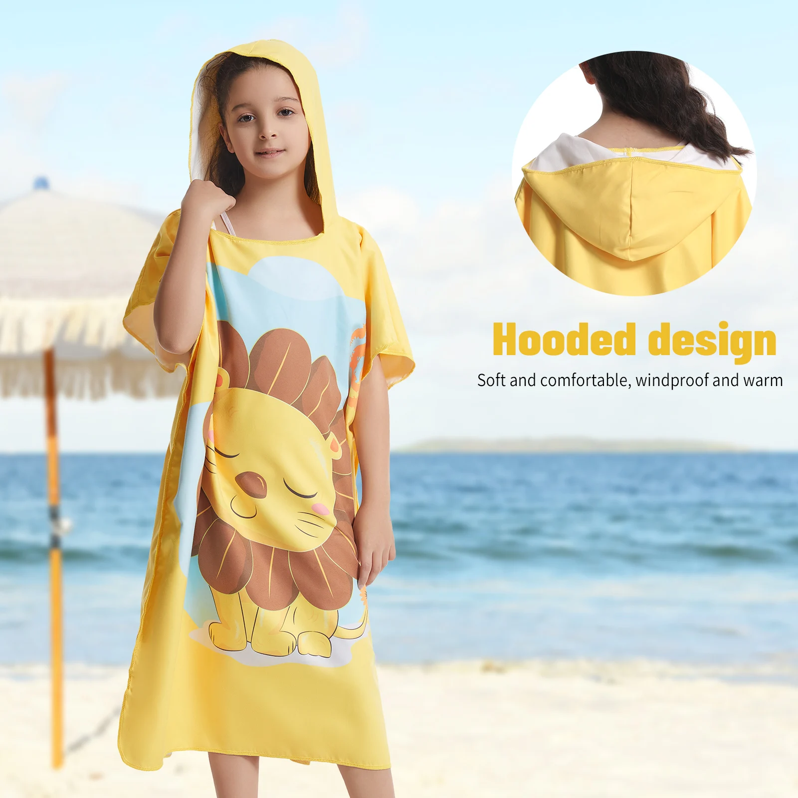 Microfiber children quickdrying robe, printed animals hooded towel poncho, water absorption quick-drying sand-free for swimming