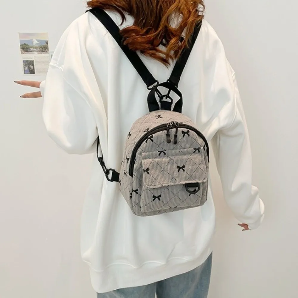 Casual Corduroy Mini Backpack Bowknot Printed Lightweight Shoulder Bag Korean Style Zipper Bow Rucksack Women