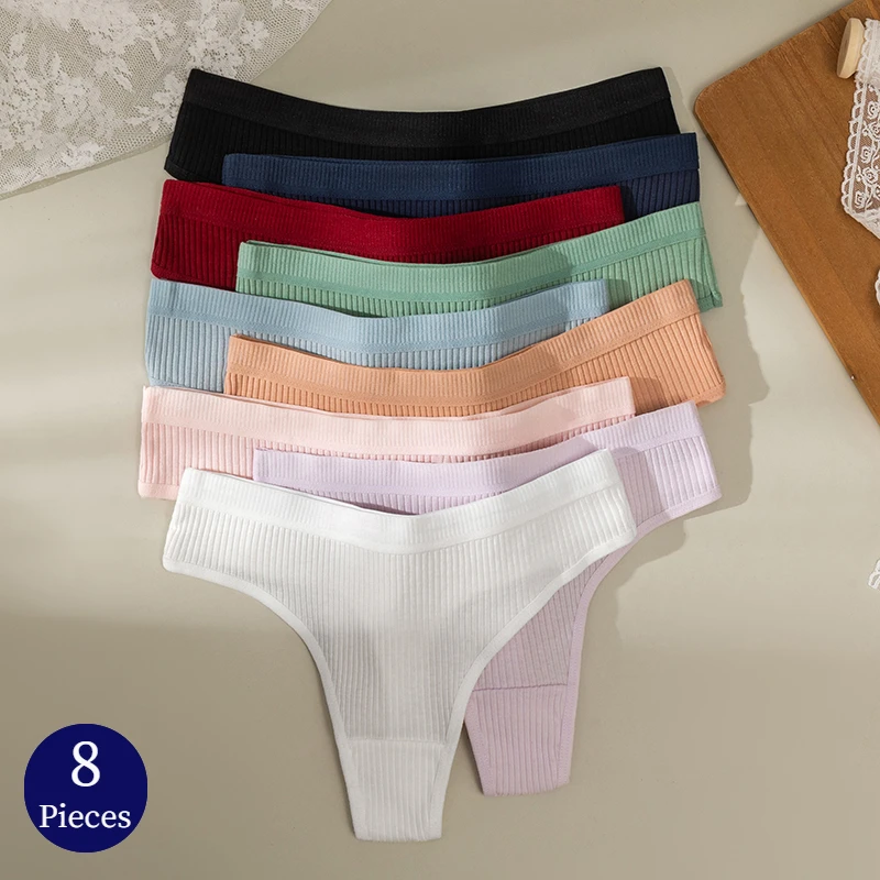 BZEL 8PCS/Set Women\'s Panties Cotton Thongs Female Simple Breathable Underwear Sexy Lingerie Comfortable Striped Woman G-Strings